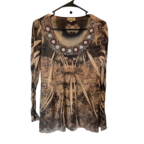 🍒 2/$20 🍒 Brown Pattern Long Sleeve Blouse with Jeweled Neckline sz M - Picture 1 of 8